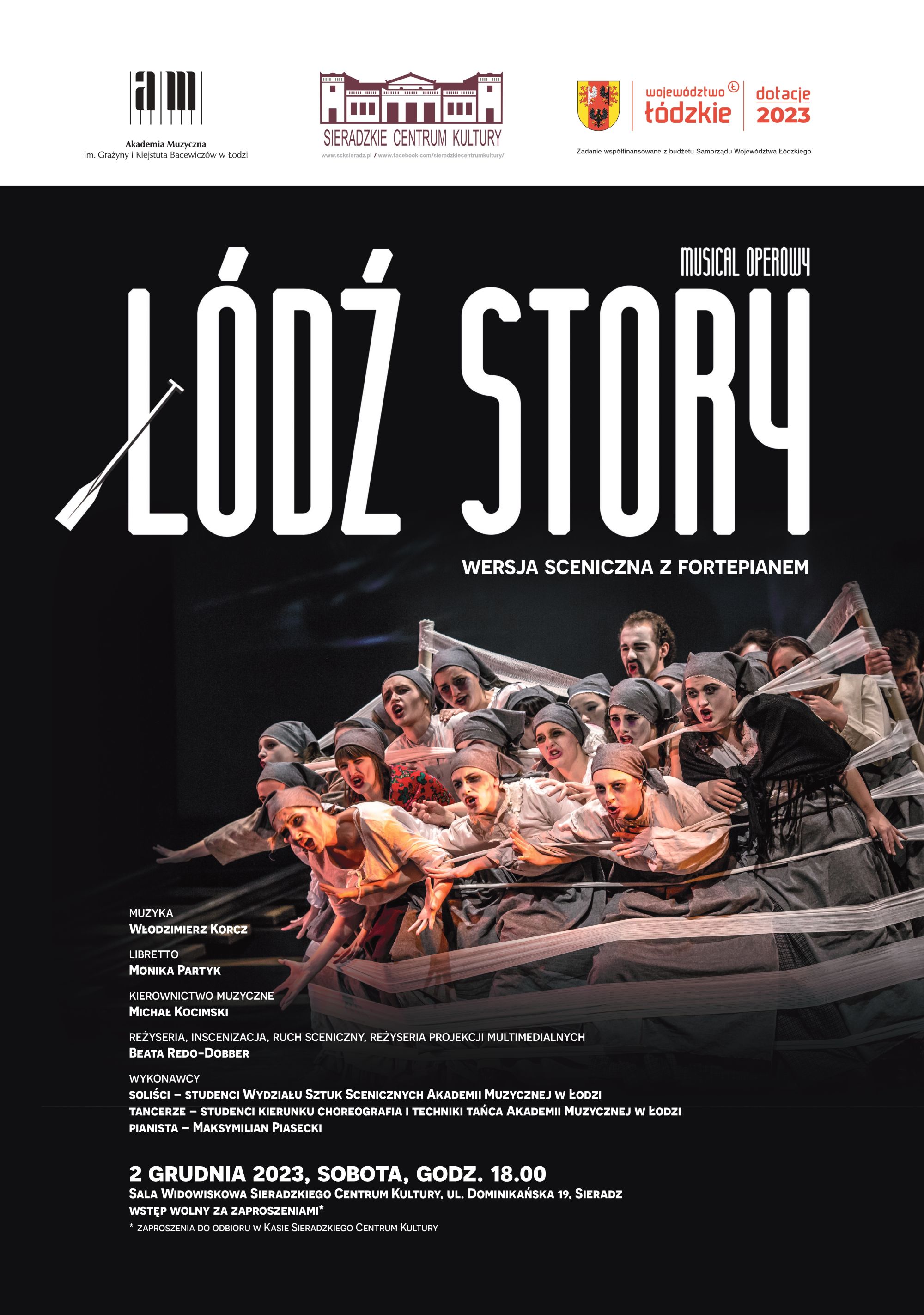 Plakat spektaklu Łódź Story. Widnieje na nim chór przebrany za robotników i wypisane są dane odnośnie wydarzenia